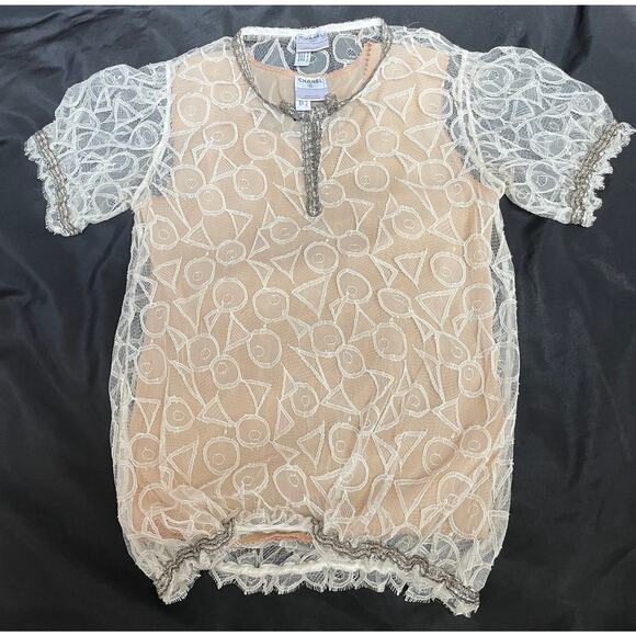 Chanel Fall 2006 Karl Lagerfeld Lace Top & Silk Slip Set | CC Logo Ivory/Ecru 40 - Picture 1 of 16